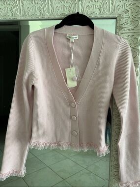 For Love And Lemons Pale Pink Ribbed V-Neck Button Cardigan with Lace Trim